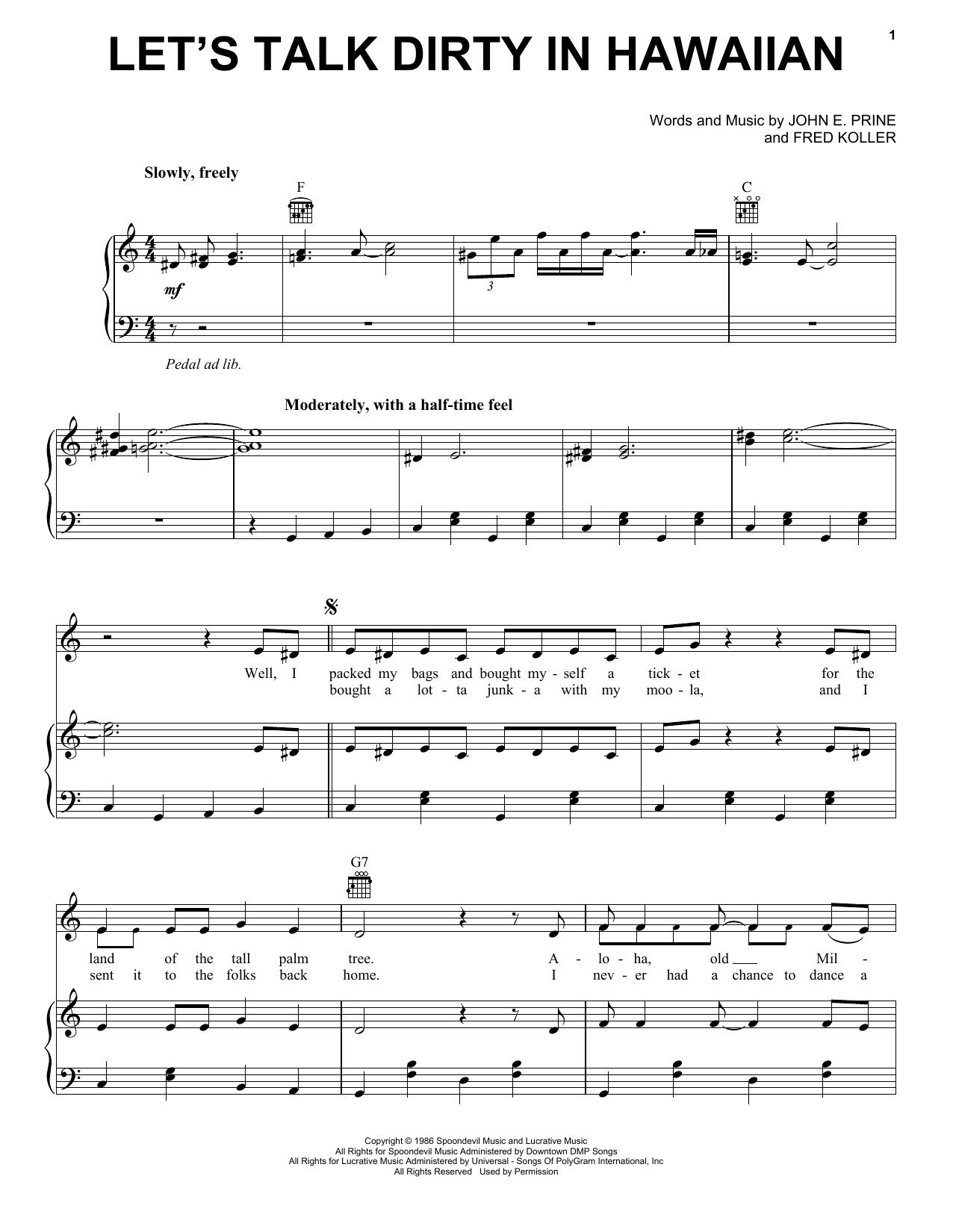 John Prine Let's Talk Dirty In Hawaiian Sheet Music Notes & Chords for Piano, Vocal & Guitar (Right-Hand Melody) - Download or Print PDF