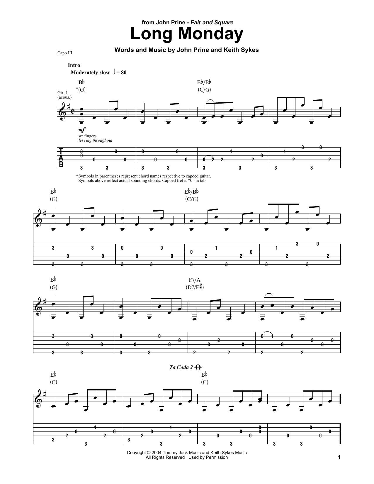 John Prine Long Monday Sheet Music Notes & Chords for Piano, Vocal & Guitar (Right-Hand Melody) - Download or Print PDF