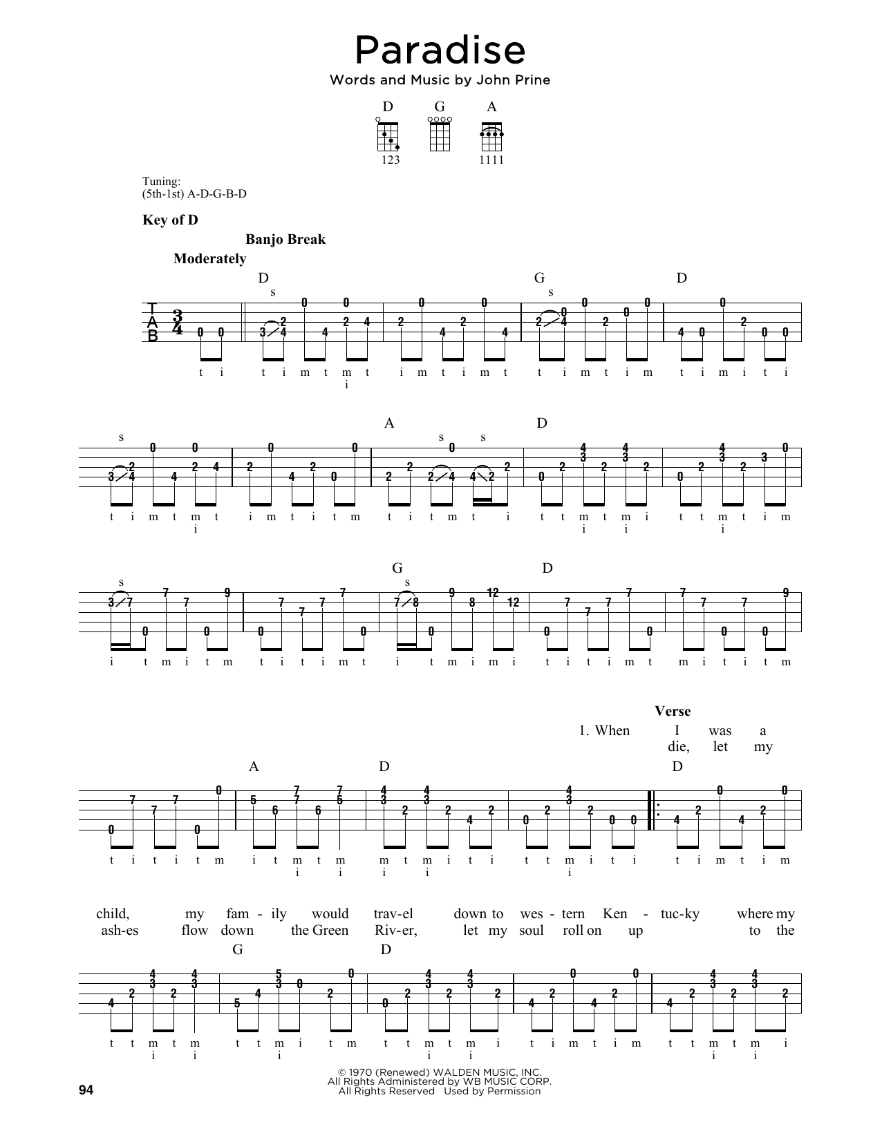 John Prine Paradise Sheet Music Notes & Chords for Ukulele - Download or Print PDF