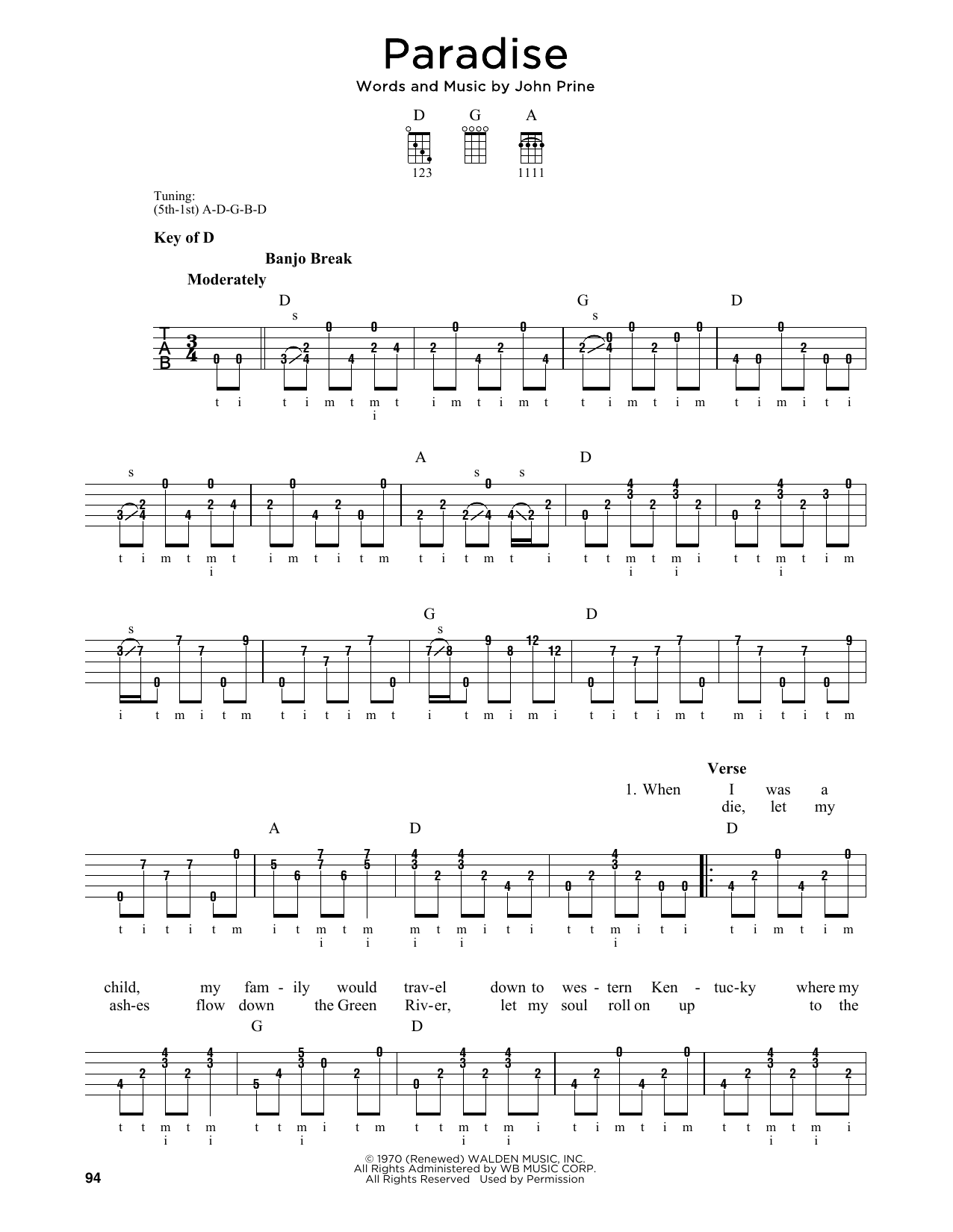 John Prine Paradise Sheet Music Notes & Chords for Banjo - Download or Print PDF