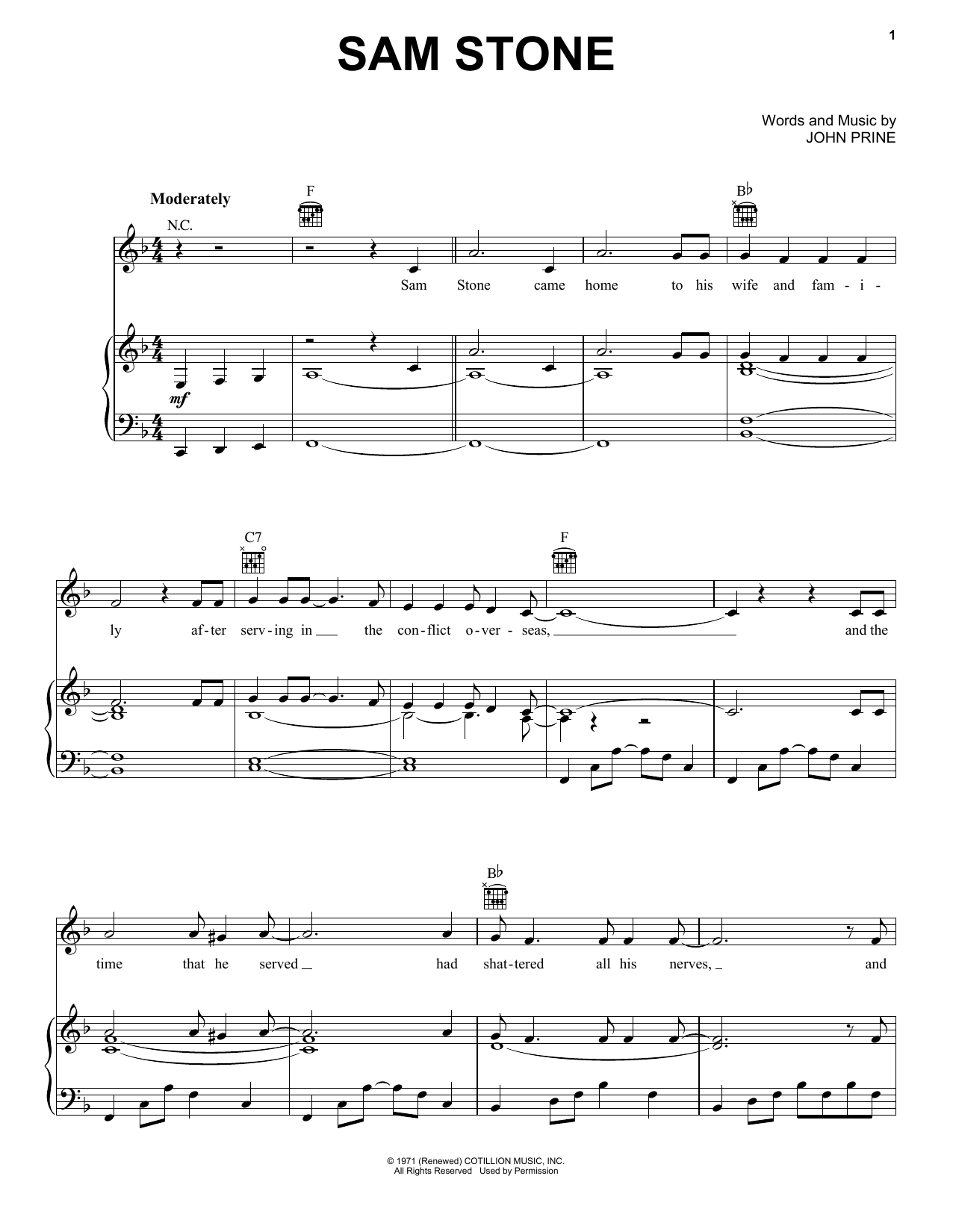 John Prine Sam Stone Sheet Music Notes & Chords for Piano, Vocal & Guitar (Right-Hand Melody) - Download or Print PDF