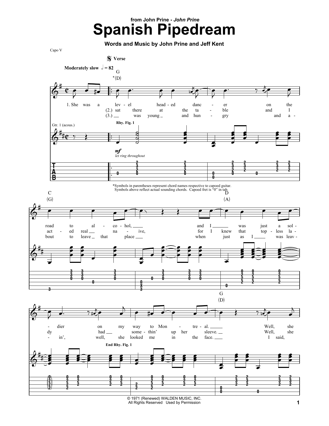 John Prine Spanish Pipedream Sheet Music Notes & Chords for Piano, Vocal & Guitar (Right-Hand Melody) - Download or Print PDF