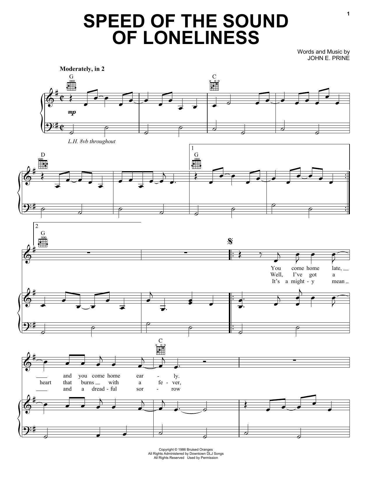 John Prine Speed Of The Sound Of Loneliness Sheet Music Notes & Chords for Piano, Vocal & Guitar (Right-Hand Melody) - Download or Print PDF