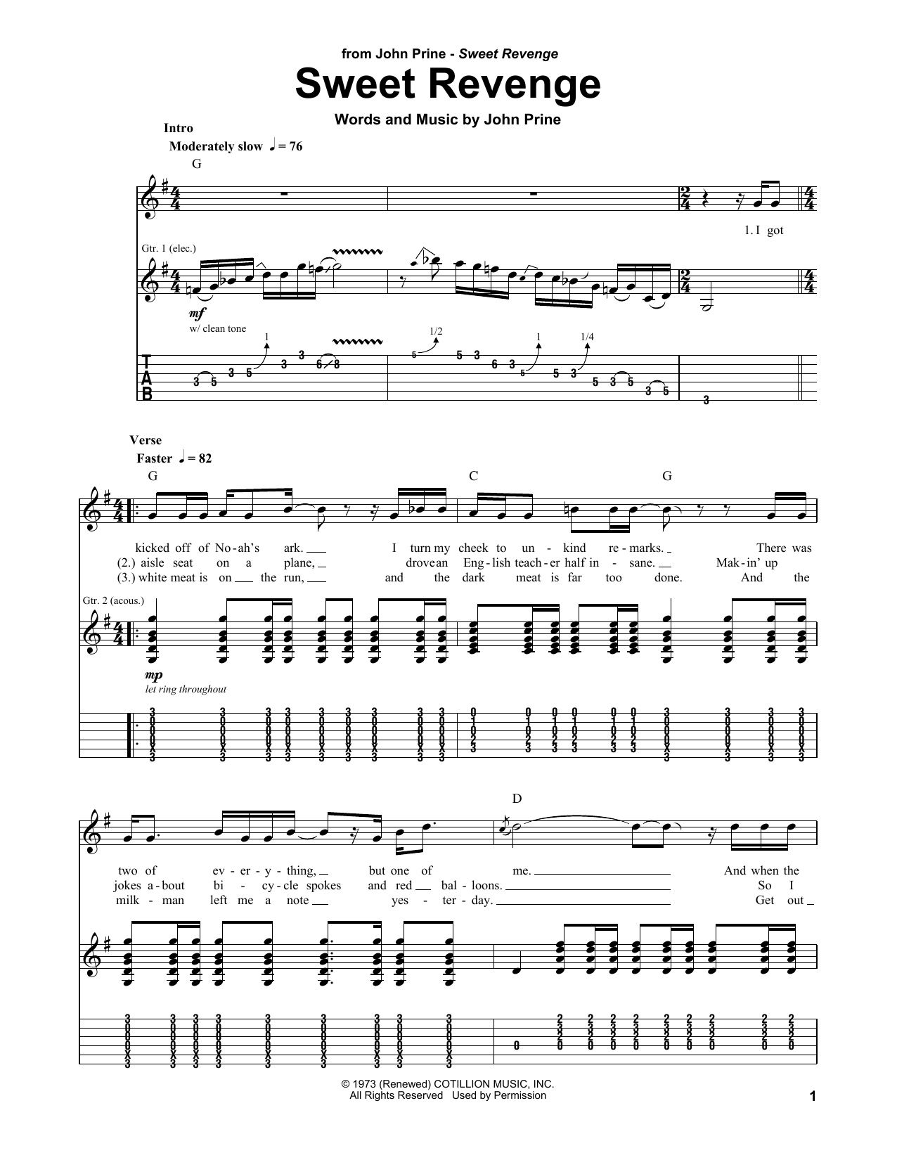 John Prine Sweet Revenge Sheet Music Notes & Chords for Piano, Vocal & Guitar (Right-Hand Melody) - Download or Print PDF