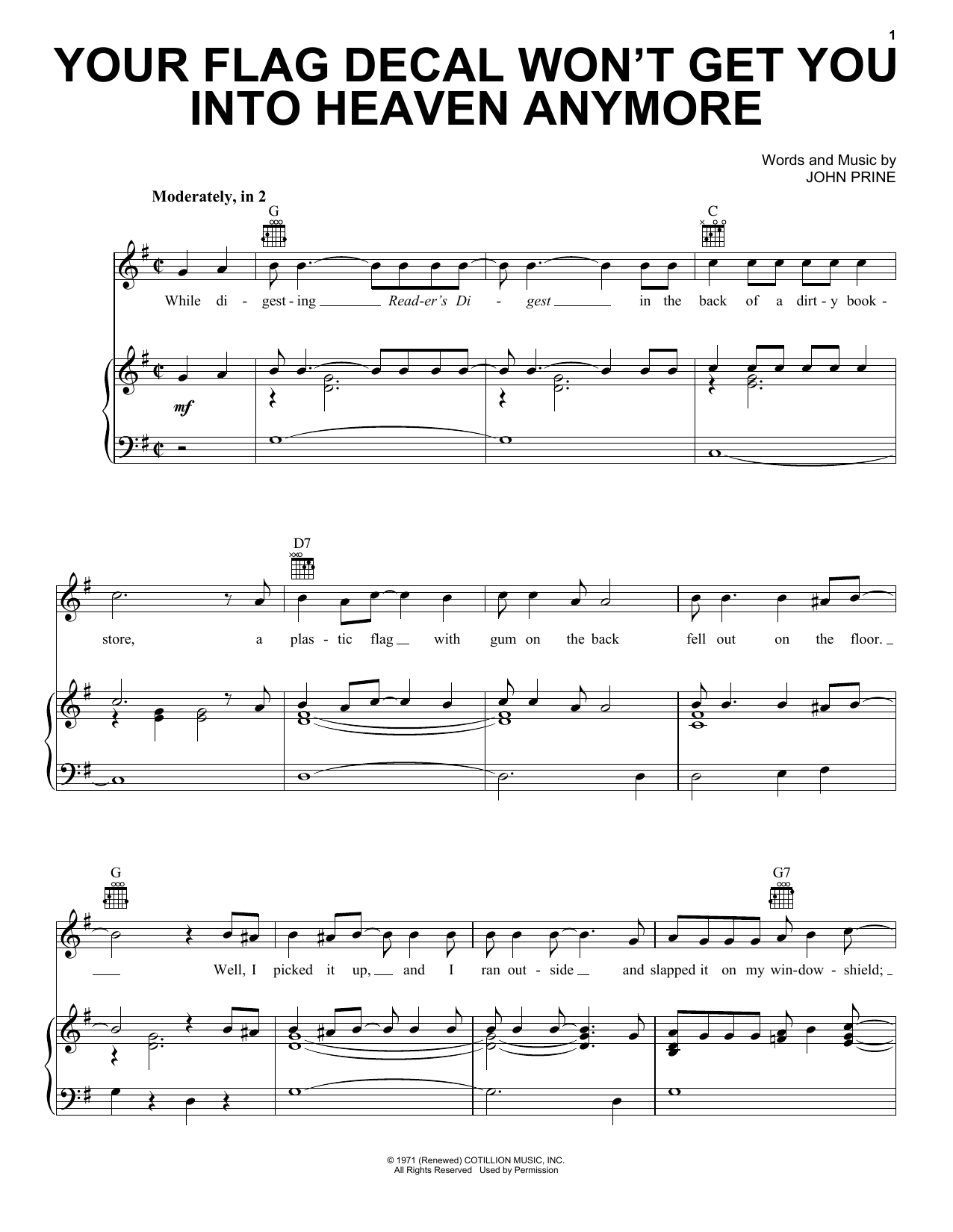 John Prine Your Flag Decal Won't Get You Into Heaven Anymore Sheet Music Notes & Chords for Piano, Vocal & Guitar (Right-Hand Melody) - Download or Print PDF