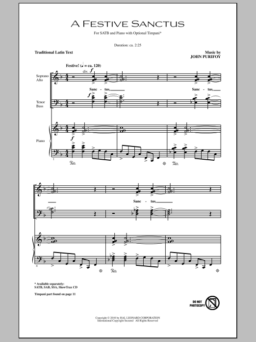 John Purifoy A Festive Sanctus Sheet Music Notes & Chords for SAB - Download or Print PDF