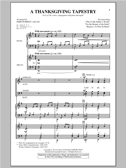 John Purifoy A Thanksgiving Tapestry Sheet Music Notes & Chords for SATB - Download or Print PDF