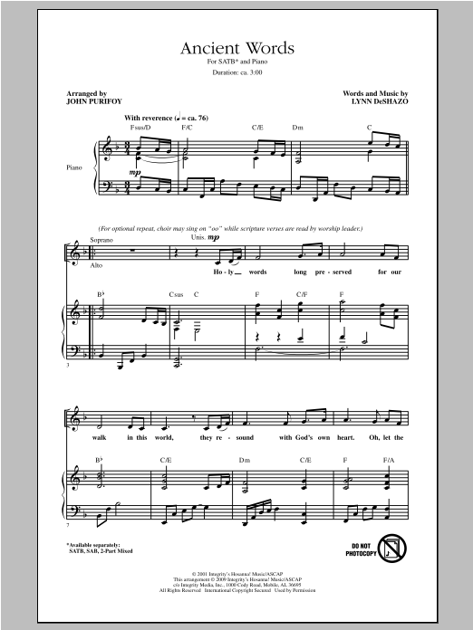 John Purifoy Ancient Words Sheet Music Notes & Chords for SAB - Download or Print PDF