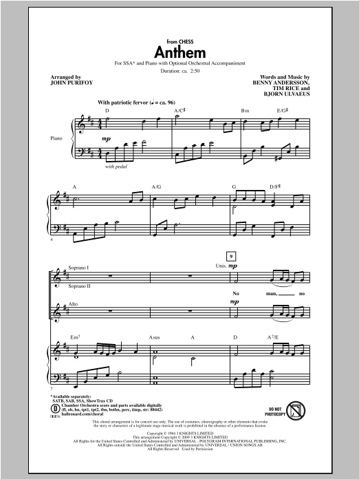 John Purifoy Anthem (from Chess) Sheet Music Notes & Chords for SSA - Download or Print PDF