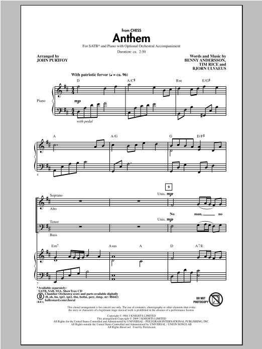 Andersson and Ulvaeus Anthem (from Chess) (arr. John Purifoy) Sheet Music Notes & Chords for SAB - Download or Print PDF