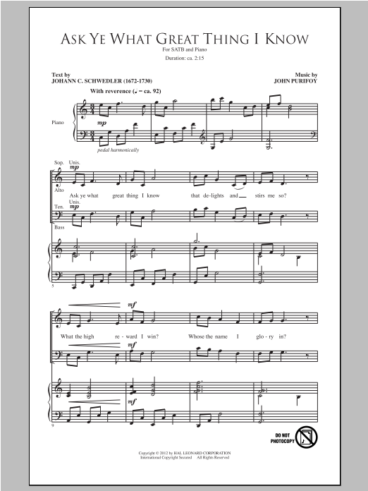 John Purifoy Ask Ye What Great Thing I Know Sheet Music Notes & Chords for SATB - Download or Print PDF