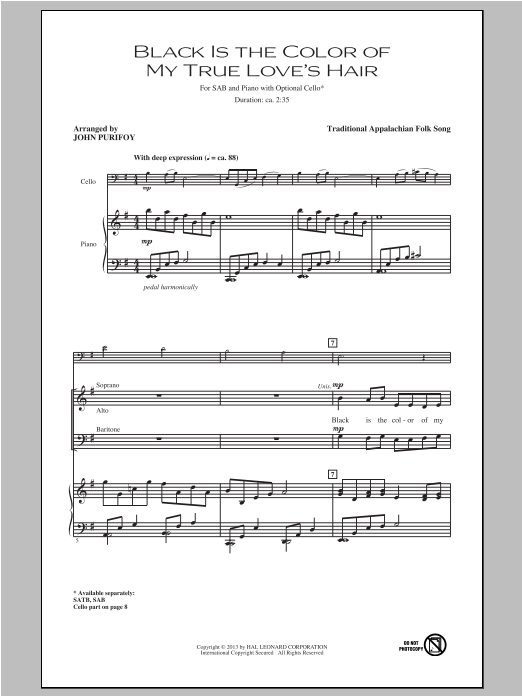 Traditional Black Is The Color of My True Love's Hair (arr. John Purifoy) Sheet Music Notes & Chords for SAB - Download or Print PDF Traditional Black Is The Color of My True Love's Hair (arr. John Purifoy) Sheet Music Notes & Chords for SAB - Download or Print PDF