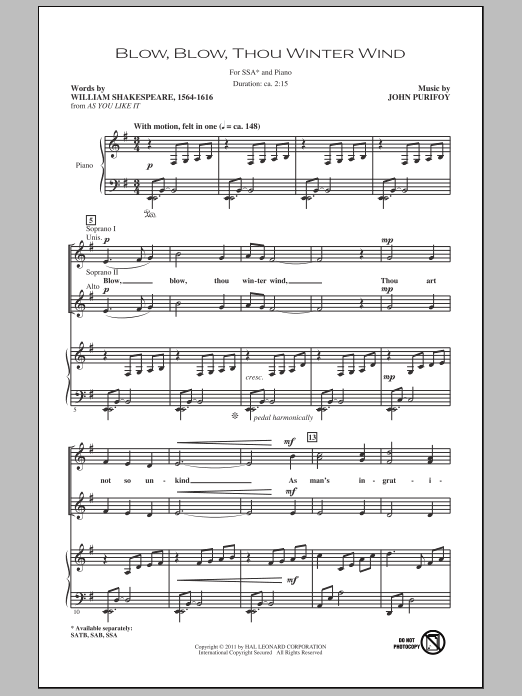 John Purifoy Blow, Blow, Thou Winter Wind Sheet Music Notes & Chords for SSA - Download or Print PDF