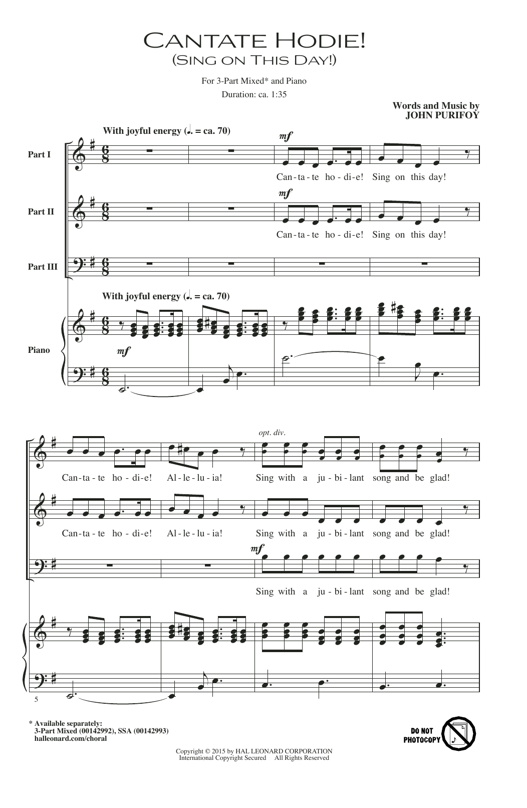 John Purifoy Cantate Hodie! (Sing On This Day) Sheet Music Notes & Chords for 3-Part Mixed - Download or Print PDF