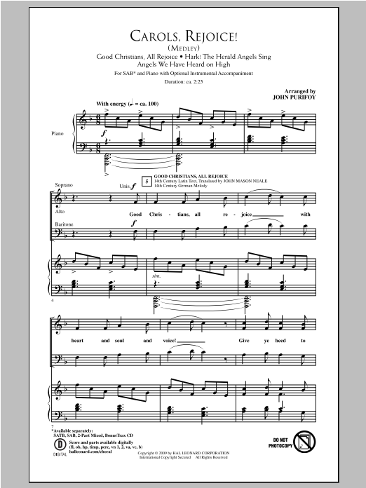 John Purifoy Carols, Rejoice (Medley) Sheet Music Notes & Chords for SAB - Download or Print PDF