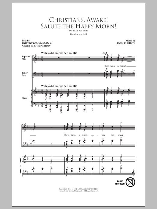 John Purifoy Christians, Awake! Salute The Happy Morn Sheet Music Notes & Chords for SATB - Download or Print PDF