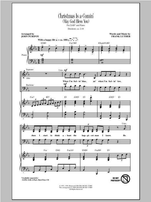 John Purifoy Christmas Is A-Comin' (May God Bless You) Sheet Music Notes & Chords for SAB - Download or Print PDF