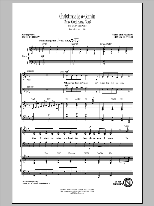 John Purifoy Christmas Is A-Comin' (May God Bless You) Sheet Music Notes & Chords for 2-Part Choir - Download or Print PDF