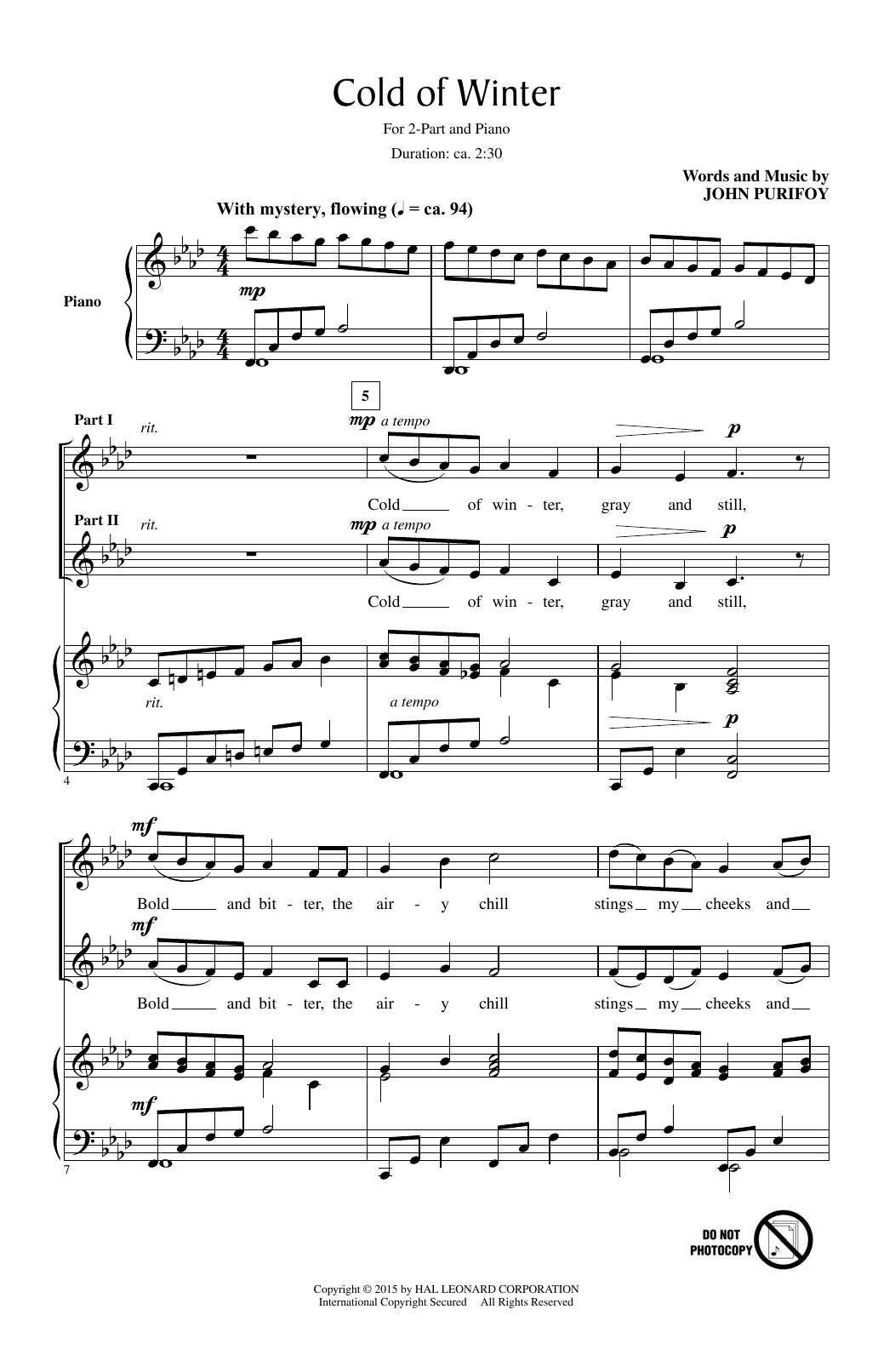 John Purifoy Cold Of Winter Sheet Music Notes & Chords for 2-Part Choir - Download or Print PDF