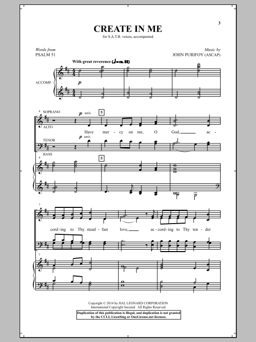 John Purifoy Create In Me Sheet Music Notes & Chords for SATB - Download or Print PDF