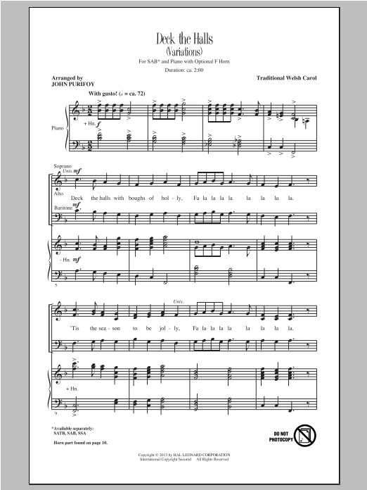 Traditional Carol Deck The Halls (arr. John Purifoy) Sheet Music Notes & Chords for SAB - Download or Print PDF