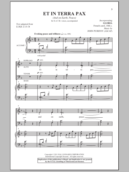 John Purifoy Et In Terra Pax (And On Earth, Peace) Sheet Music Notes & Chords for SAB Choir - Download or Print PDF