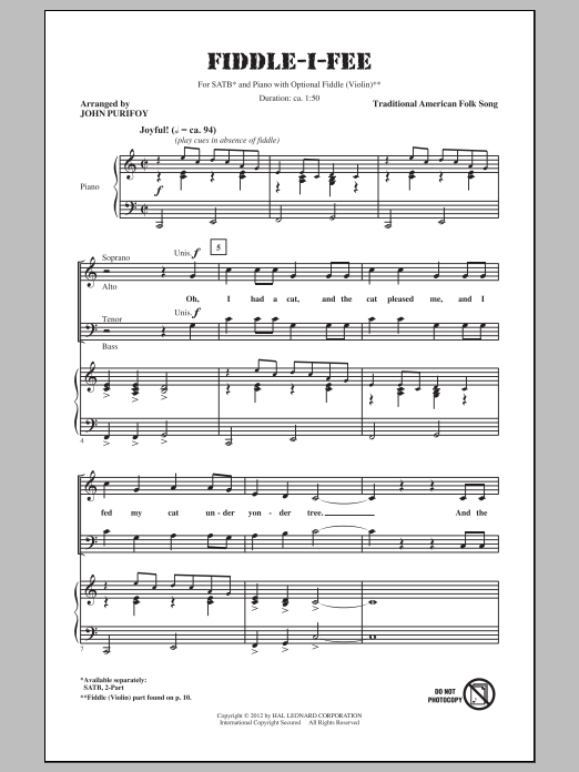 John Purifoy Fiddle-I-Fee Sheet Music Notes & Chords for SATB - Download or Print PDF