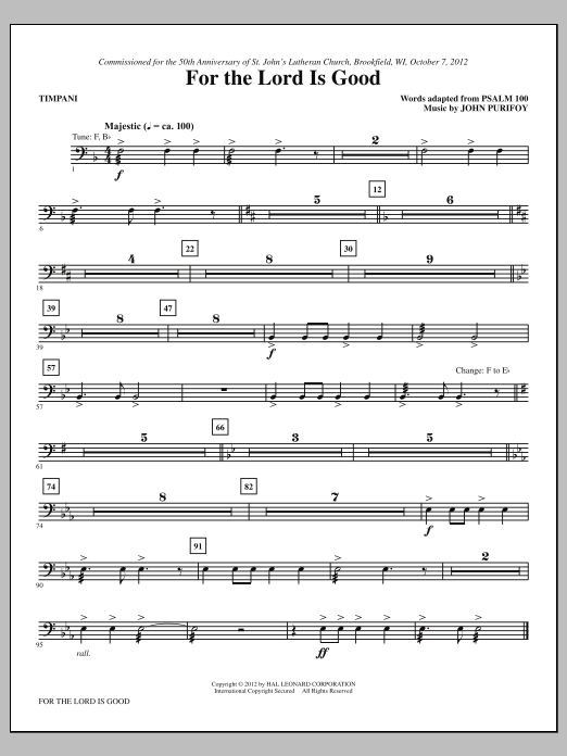 John Purifoy For The Lord Is Good - Timpani Sheet Music Notes & Chords for Choir Instrumental Pak - Download or Print PDF