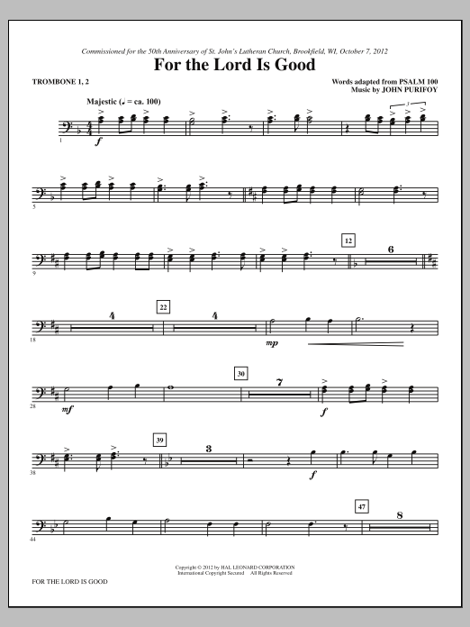John Purifoy For The Lord Is Good - Trombone 1, 2 Sheet Music Notes & Chords for Choir Instrumental Pak - Download or Print PDF