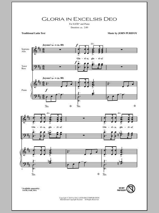 John Purifoy Gloria In Excelsis Deo Sheet Music Notes & Chords for SSA - Download or Print PDF