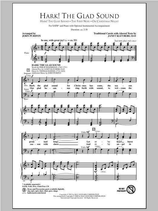 John Purifoy Hark! The Glad Sound (Medley) Sheet Music Notes & Chords for SSA - Download or Print PDF