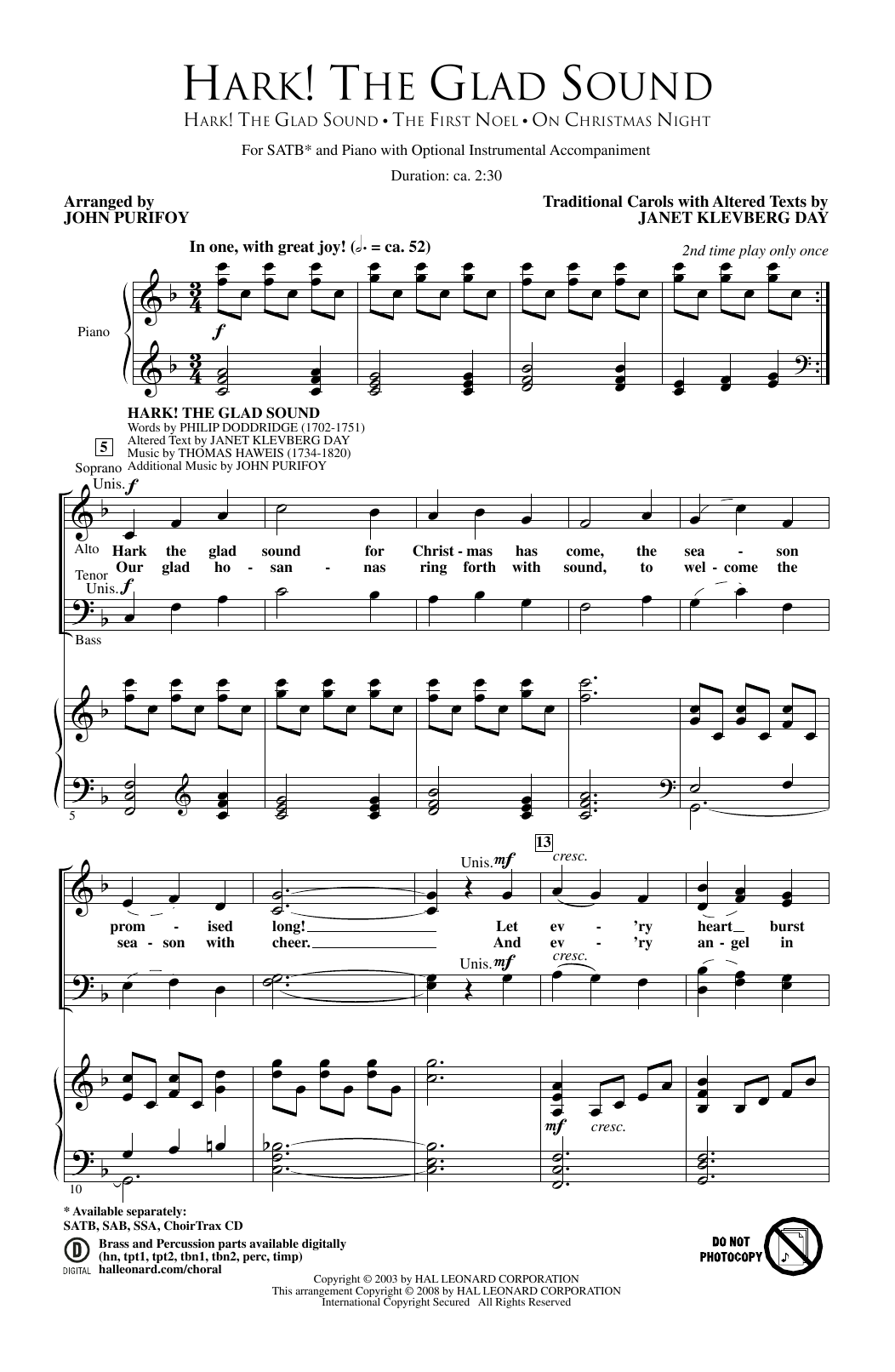 John Purifoy Hark! The Glad Sound Sheet Music Notes & Chords for SAB - Download or Print PDF