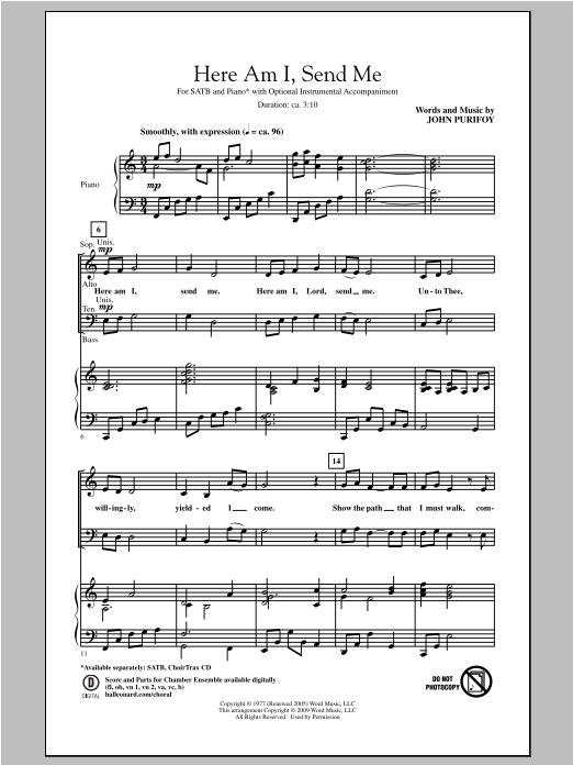 John Purifoy Here Am I, Send Me Sheet Music Notes & Chords for SATB - Download or Print PDF