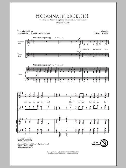 John Purifoy Hosanna In Excelsis! Sheet Music Notes & Chords for SATB - Download or Print PDF