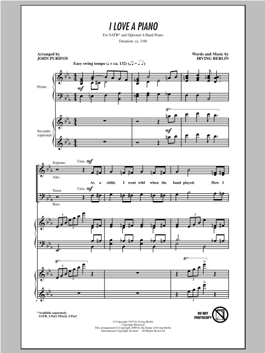 Irving Berlin I Love A Piano (arr. John Purifoy) Sheet Music Notes & Chords for 3-Part Mixed - Download or Print PDF