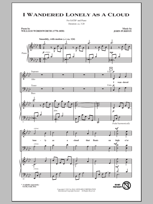 John Purifoy I Wandered Lonely As A Cloud Sheet Music Notes & Chords for SATB - Download or Print PDF