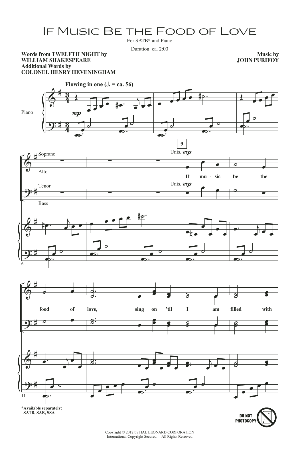 John Purifoy If Music Be The Food Of Love (from Shakespeare's Twelfth Night) Sheet Music Notes & Chords for SSA Choir - Download or Print PDF