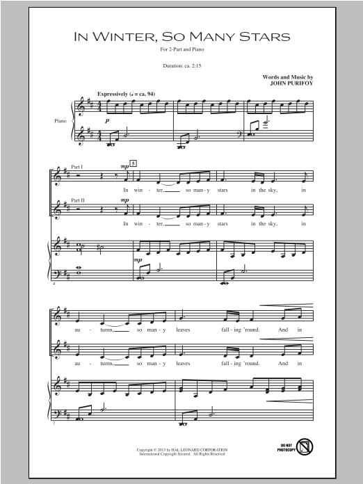 John Purifoy In Winter, So Many Stars Sheet Music Notes & Chords for 2-Part Choir - Download or Print PDF