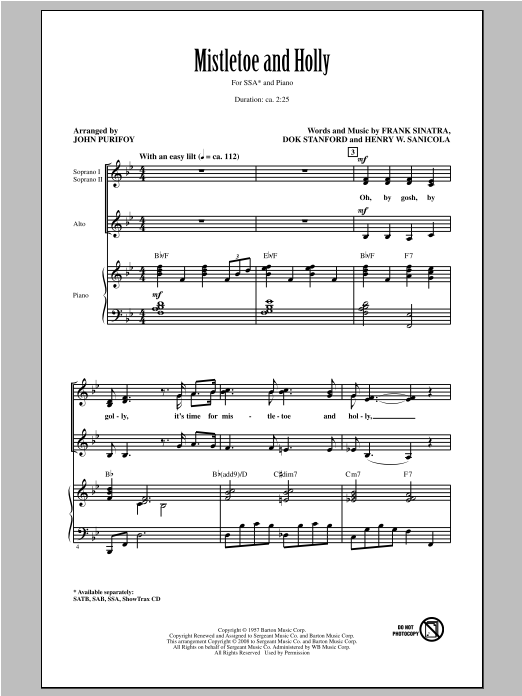 Frank Sinatra Mistletoe And Holly (arr. John Purifoy) Sheet Music Notes & Chords for SSA - Download or Print PDF