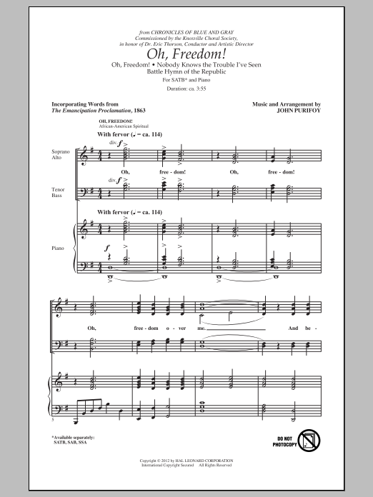 John Purifoy Oh, Freedom! (Medley) Sheet Music Notes & Chords for SSA - Download or Print PDF