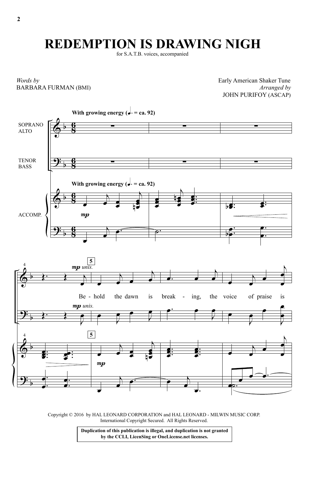 Traditional Shaker Hymn Redemption Is Drawing Nigh (arr. John Purifoy) Sheet Music Notes & Chords for SATB - Download or Print PDF
