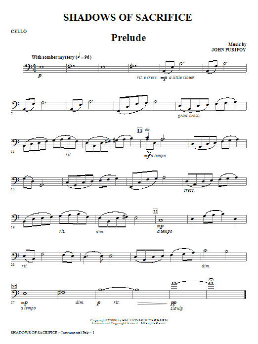 John Purifoy Shadows of Sacrifice - Cello Sheet Music Notes & Chords for Choir Instrumental Pak - Download or Print PDF