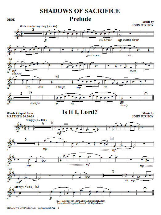 John Purifoy Shadows of Sacrifice - Oboe Sheet Music Notes & Chords for Choir Instrumental Pak - Download or Print PDF