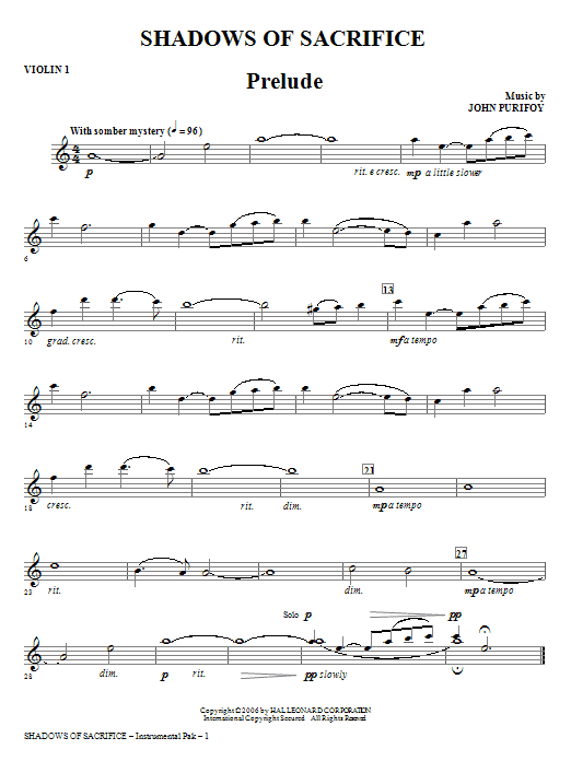John Purifoy Shadows of Sacrifice - Violin 1 Sheet Music Notes & Chords for Choir Instrumental Pak - Download or Print PDF