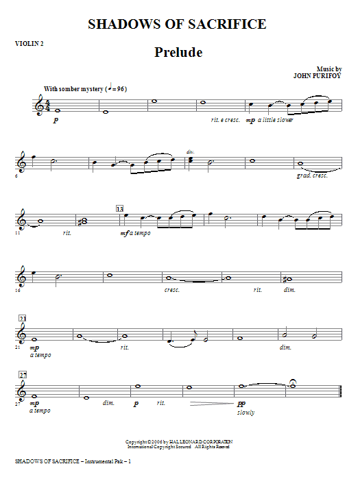 John Purifoy Shadows of Sacrifice - Violin 2 Sheet Music Notes & Chords for Choir Instrumental Pak - Download or Print PDF