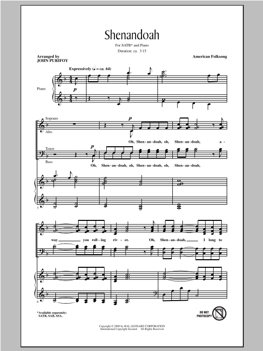 John Purifoy Shenandoah Sheet Music Notes & Chords for SATB - Download or Print PDF