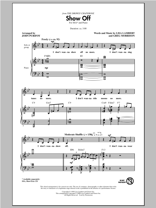 Lisa Lambert Show Off (from The Drowsy Chaperone) (arr. John Purifoy) Sheet Music Notes & Chords for SSA - Download or Print PDF