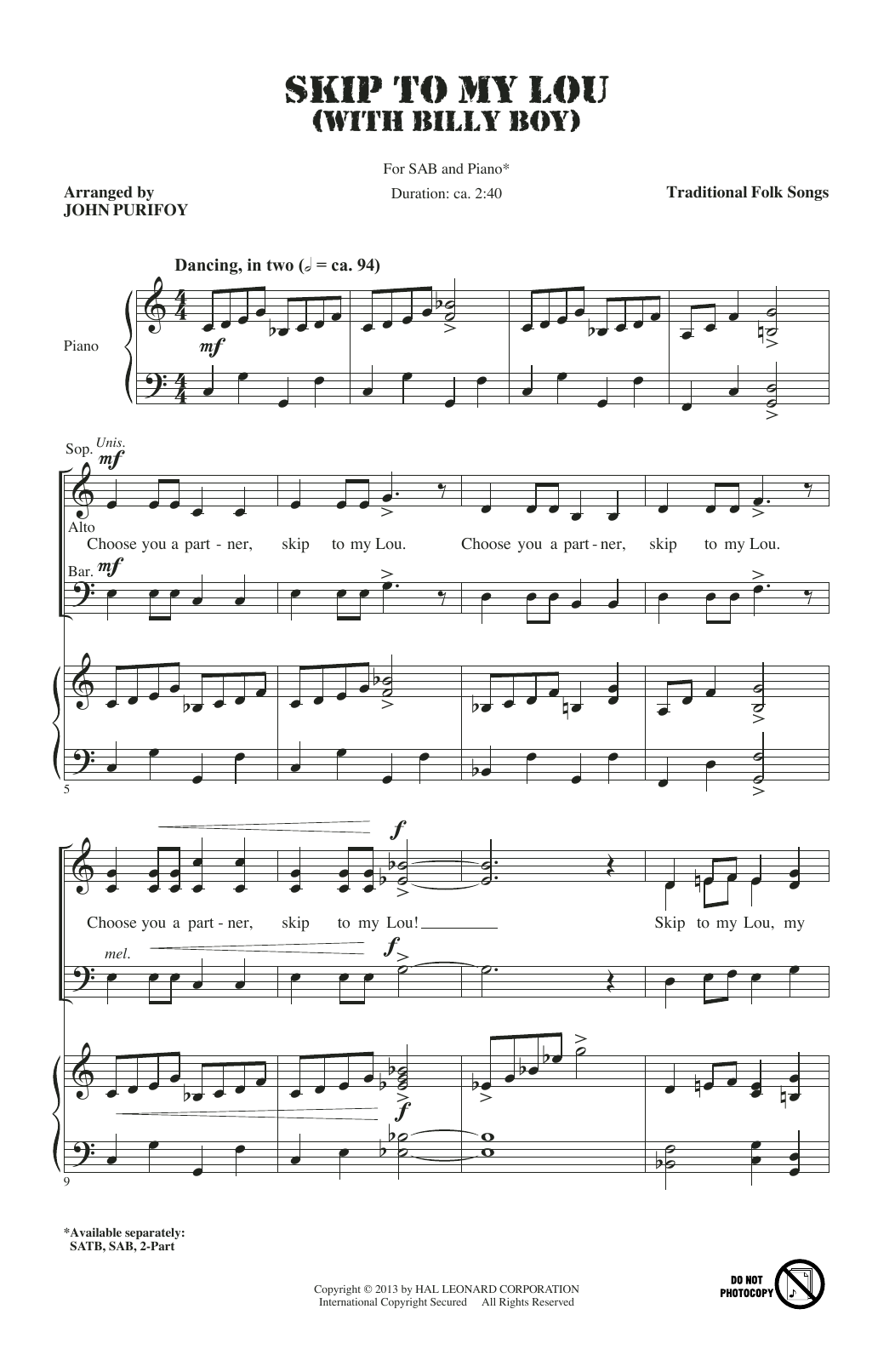 John Purifoy Skip To My Lou (with Billy Boy) Sheet Music Notes & Chords for SAB - Download or Print PDF