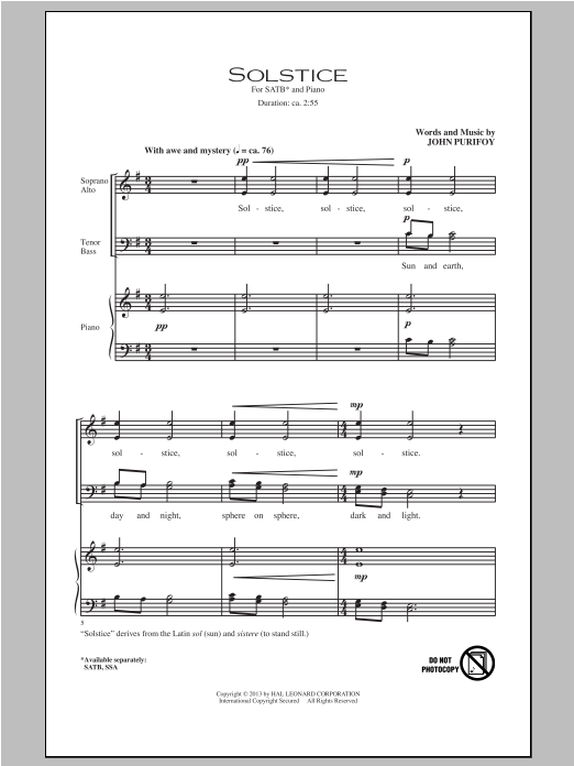 John Purifoy Solstice Sheet Music Notes & Chords for SSA - Download or Print PDF