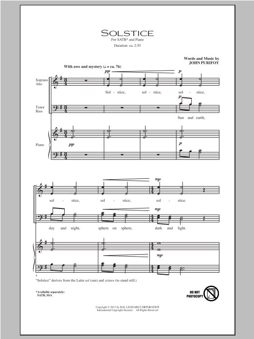 John Purifoy Solstice Sheet Music Notes & Chords for SATB - Download or Print PDF